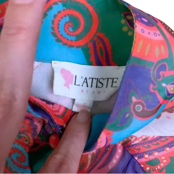 Colorful Pink Paisley Floral Print Long Sleeve Short Dress L’Atiste Small Mini - Picture 6 of 14